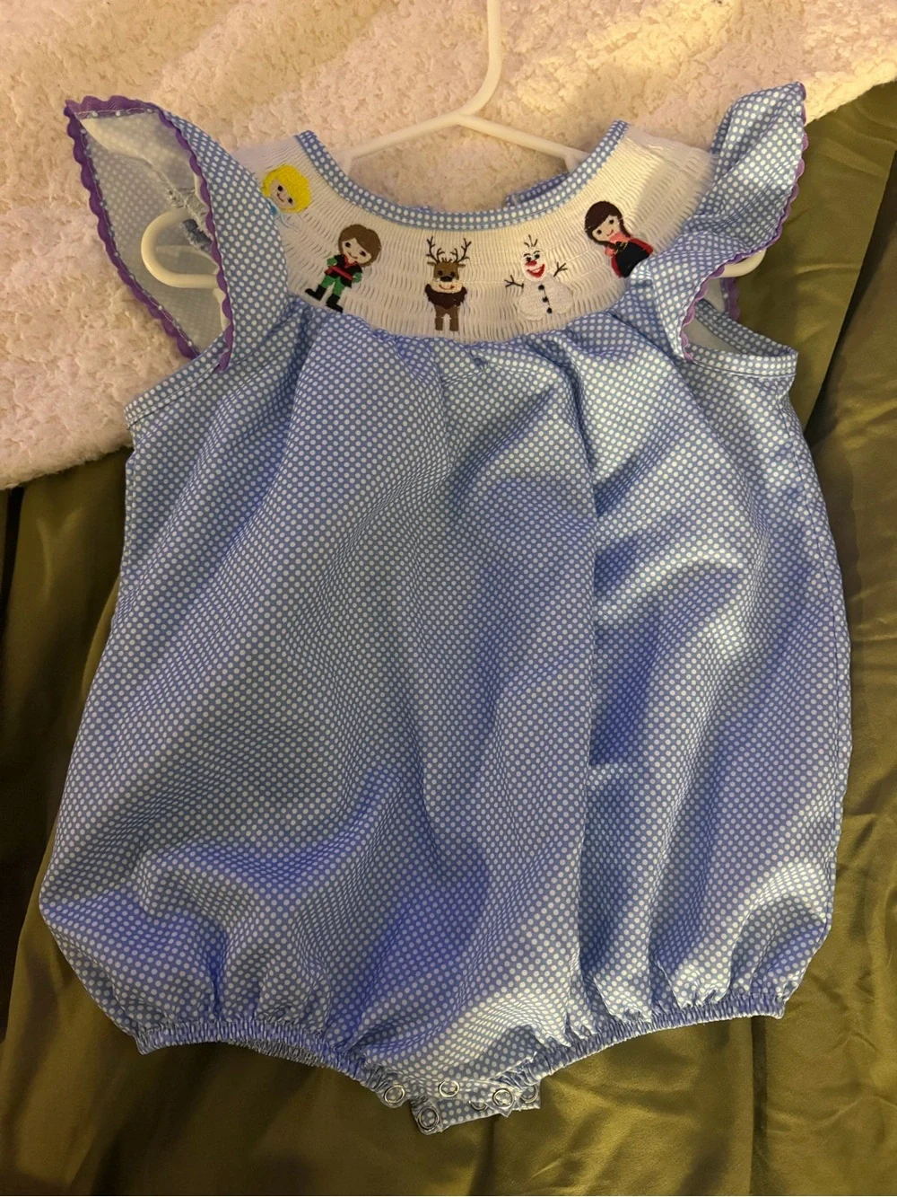 Blue Polka Dot Smocked Baby Romper with frozen Smocking